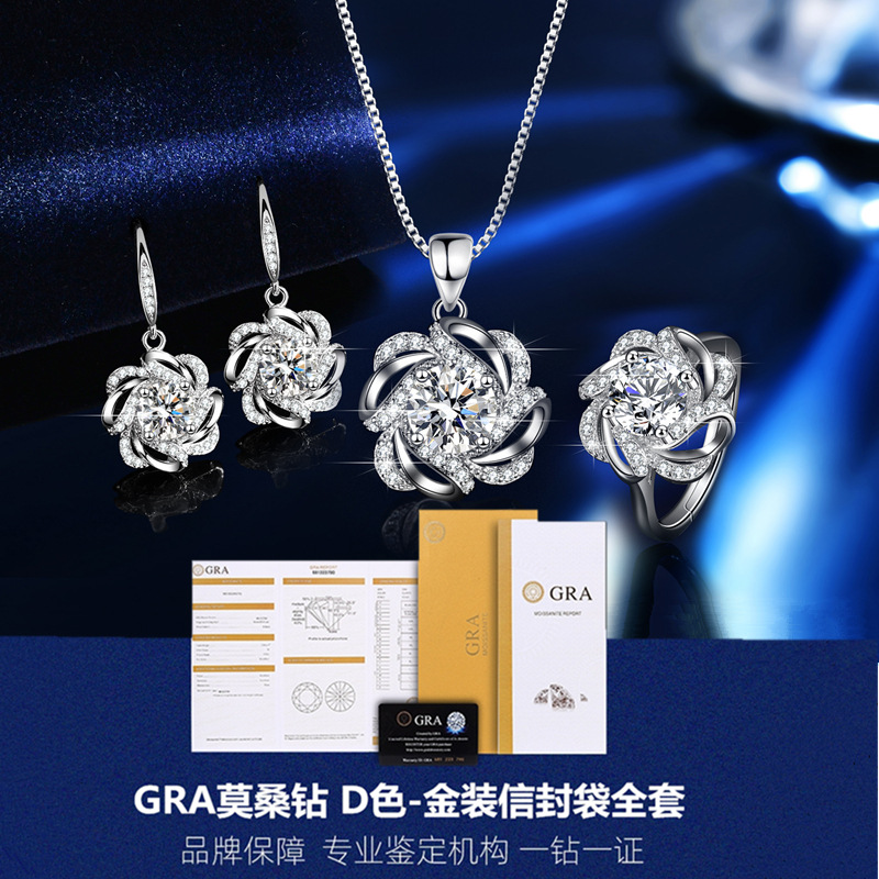 Cross-border s925 sterling silver ring pendant necklace earrings jewelry moissanite one carat flower three-piece jewelry set