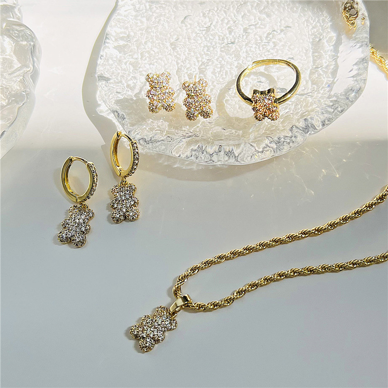 HECHENG jewelry European and American ins style bear pendant necklace earrings ring cute bear doll jewelry set