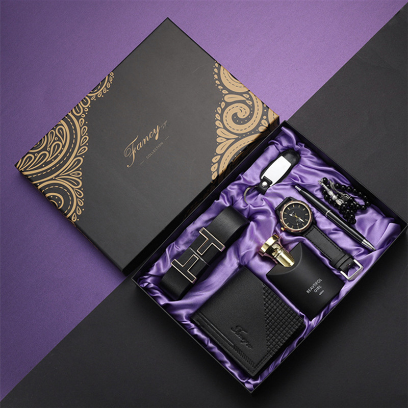 Cross-border souvenir business gift set leather belt wallet perfume key chain pen men's quartz watch watch case