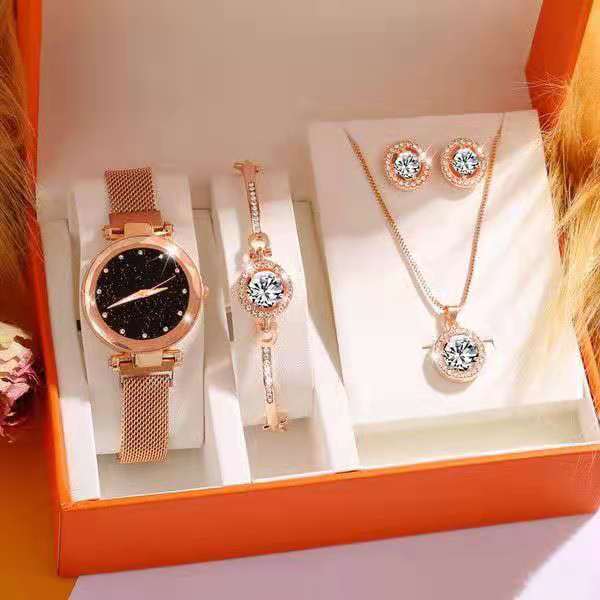 Factory direct sales foreign trade popular luxury set box versatile large rhinestone women's five-piece gift box quartz watch