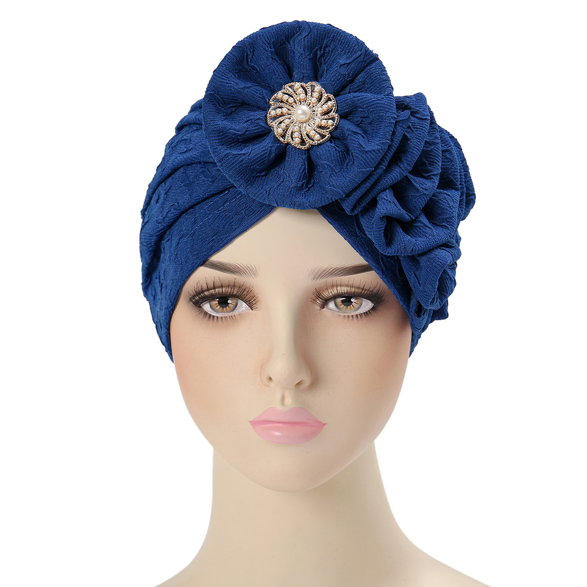 European and American new fashionable four-season multi-color flower alloy accessories wrinkled long strip single-sided appliqué turban hat