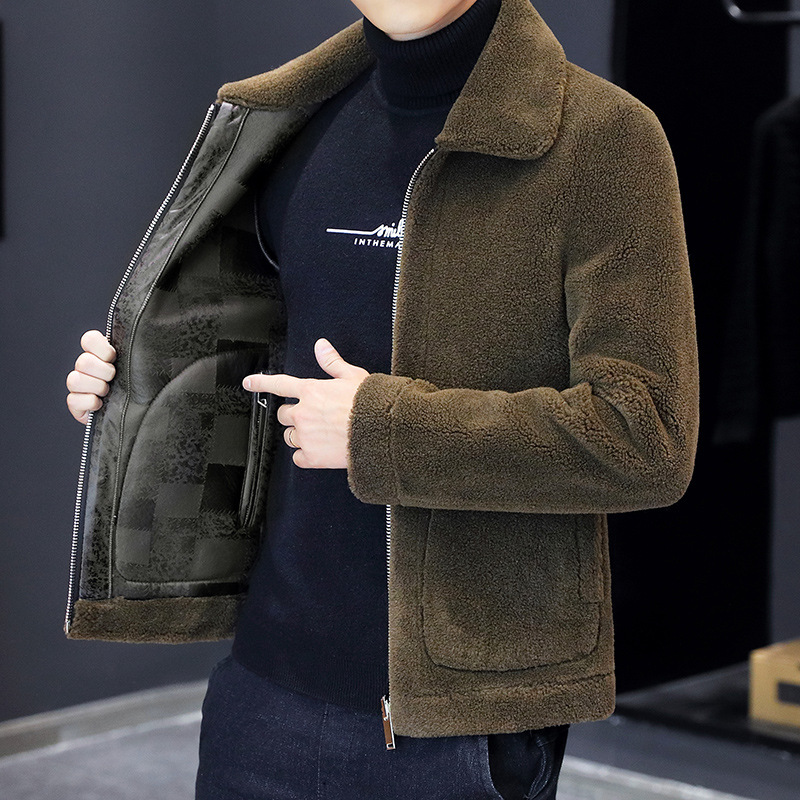 Reversible jacket men's winter lapel grain velvet thermal top fur integrated high-end casual jacket