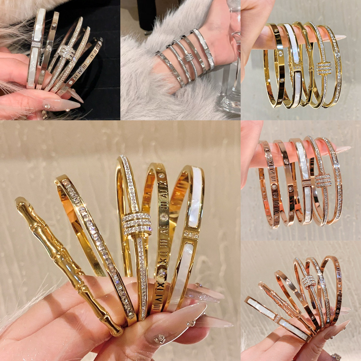 Non-fading titanium steel bracelet for women, high-end fashion diamond-encrusted silver bracelet for bathing, gold stainless steel bracelet jewelry