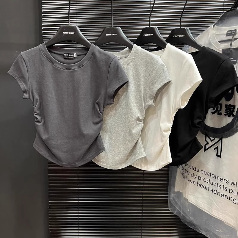 ins hot girl pure desire waist T-shirt short-sleeved women's summer new solid color bottoming pullover slim top women's trendy wholesale