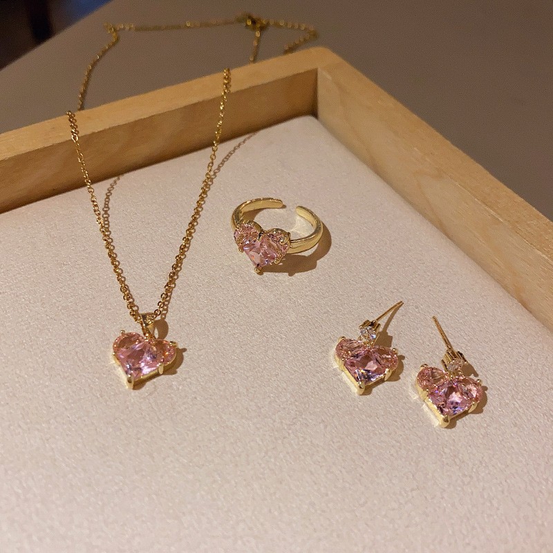 Korean version of light luxury niche pink love three-piece jewelry set for women ins earrings necklace ring jewelry set wholesale