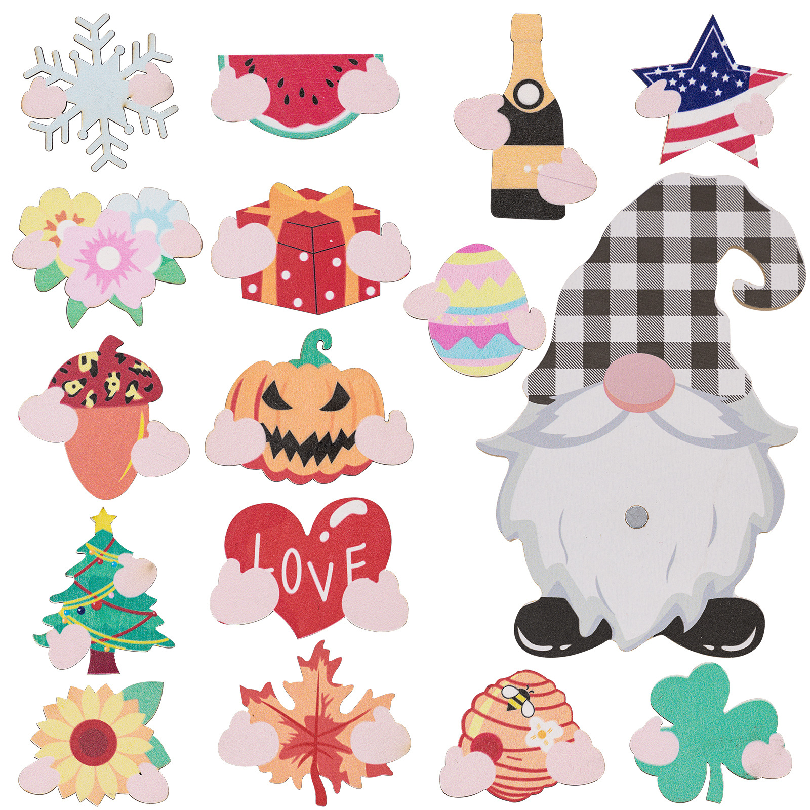 15-Piece Interchangeable Wooden Gnome Decorations DIY Holiday Seasonal Faceless Gnome Ornaments Tiered Tray Gnomes