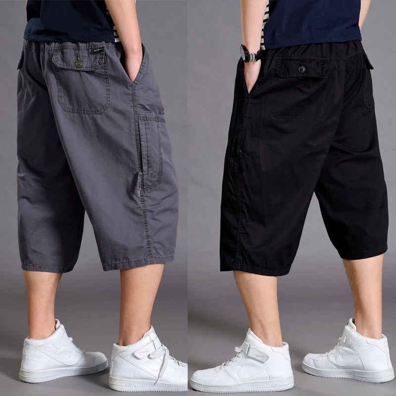Summer sports three-quarter pants for men, loose shorts, large size wide-leg pants for fat men, casual thin section, seven-cent workwear mid-pants