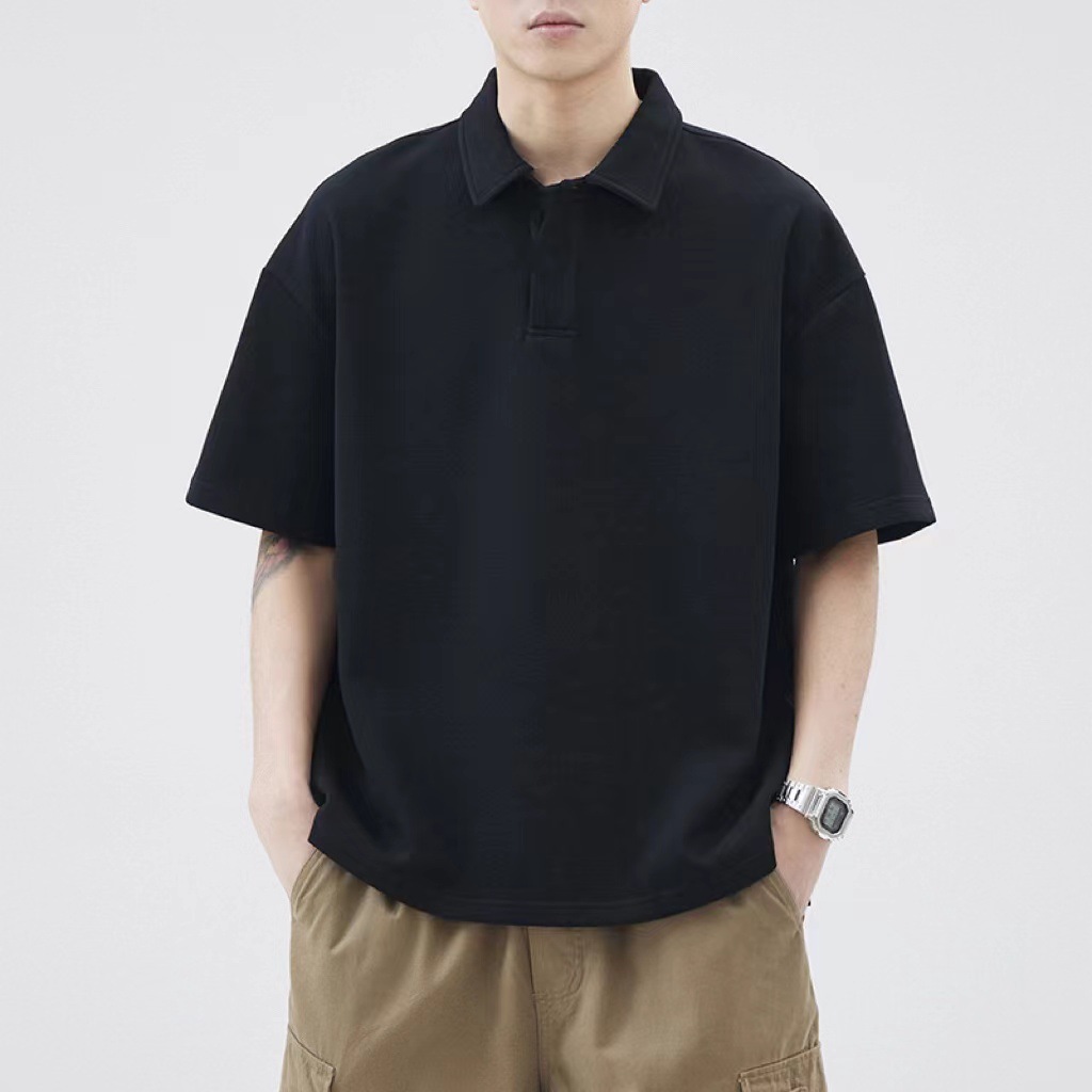 Summer men's waffle lapel short-sleeved POLO shirt loose casual solid color T-shirt top shirt half-sleeved shirt