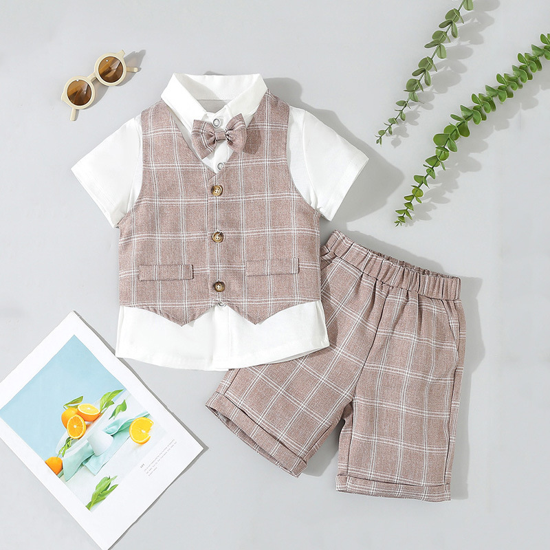 Boy's suit dress suit summer children's short-sleeved shirt vest three-piece set baby gentleman's party costume