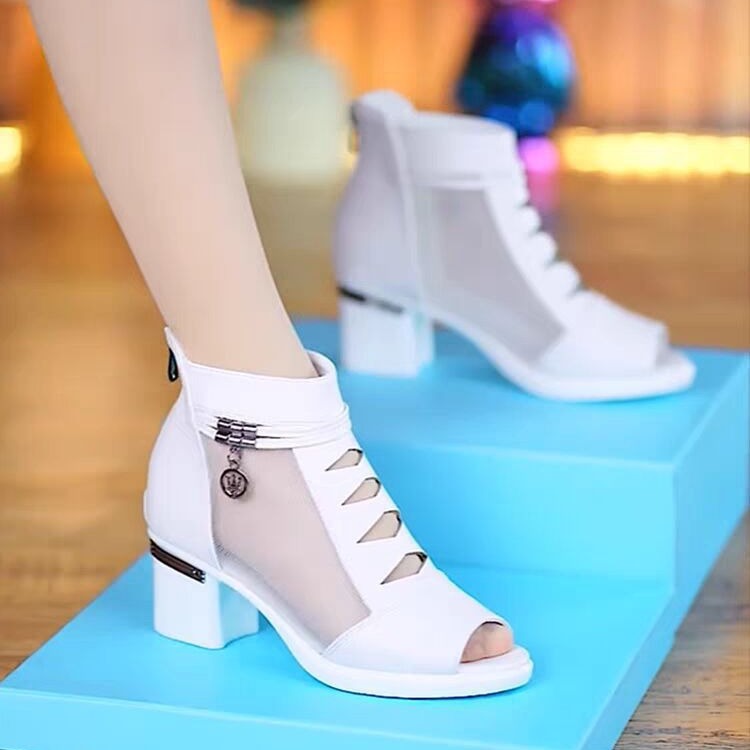 2025 new summer sandals for women, soft leather mid-heeled mesh short boots, fashionable mid-heeled sandals, thick heels with hollow fish mouths