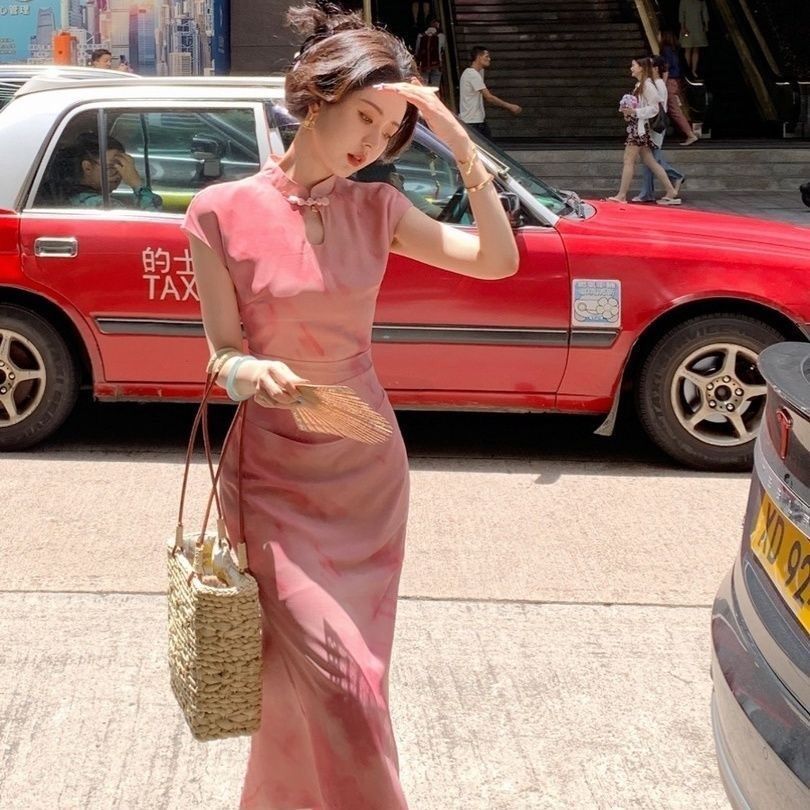 New Chinese style improved cheongsam hollow button dress retro small stand-up collar long skirt pink elastic large size