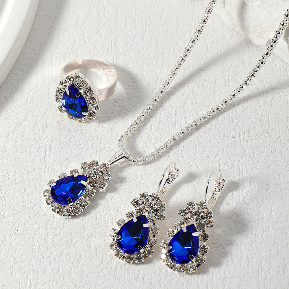 Manufacturer supply European and American cross-border popular water drop heart-shaped jewelry three-piece set necklace earrings ring diamond pendant