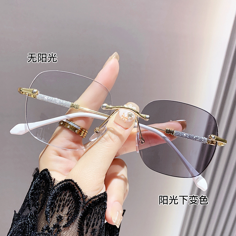 Advanced photochromic starry cross-border fashionable anti-blue light mirrors for women with rimless edge-cut high-definition myopia glasses frames