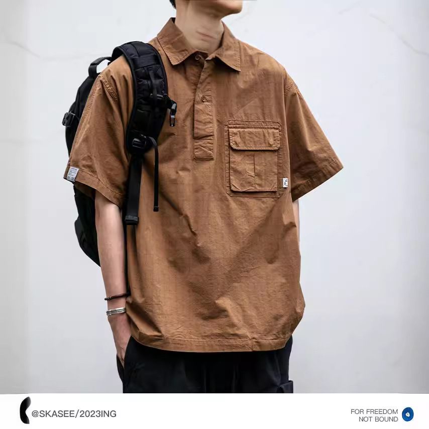 Japanese workwear casual short-sleeved shirt men's trendy summer thin POLO shirt loose half-sleeved shirt jacket for men