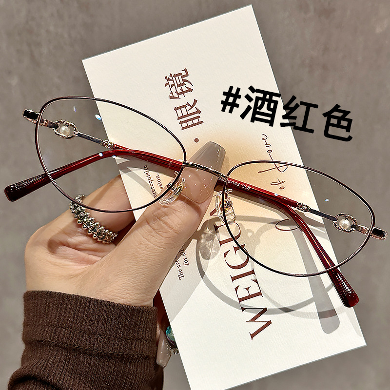 Ultra-light metal thin-rim myopia glasses frame for women, Chinese style cat-eye retro flat glasses with prescription wholesale 58166