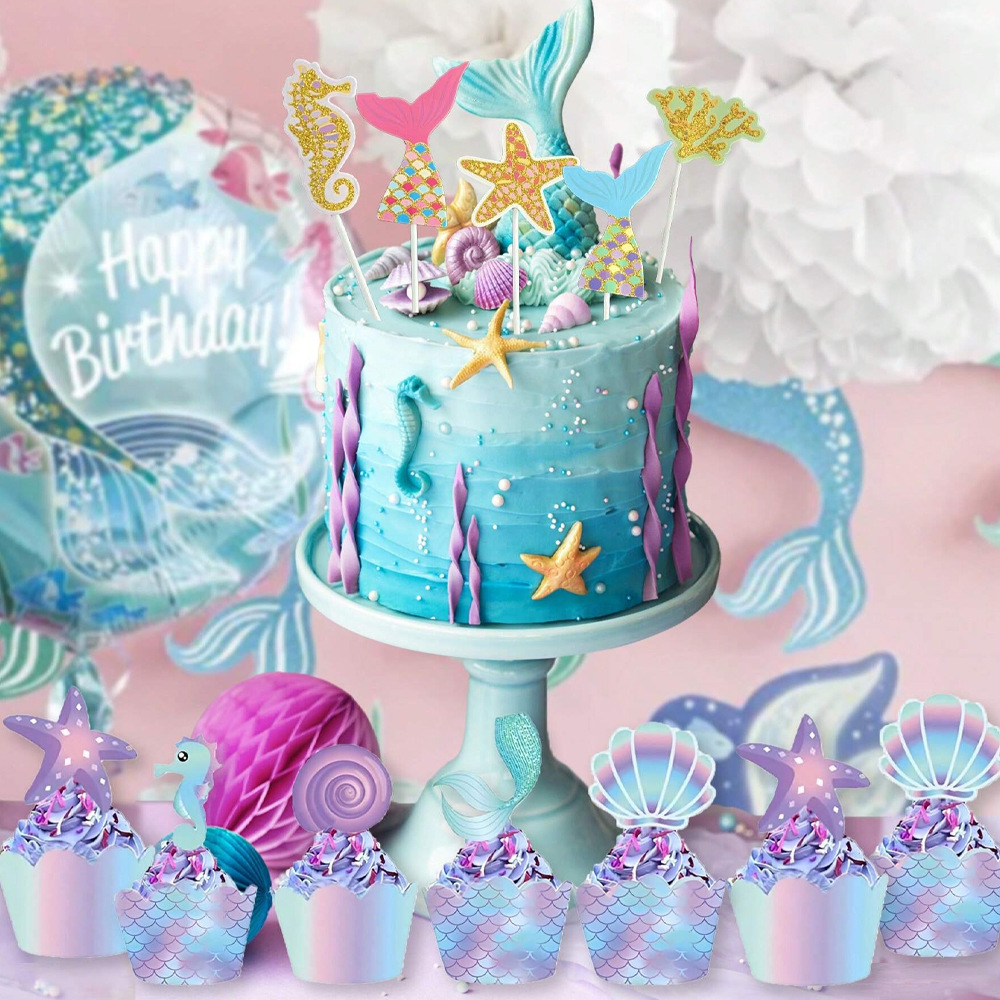 Cartoon Mermaid Undersea Animal Theme Cake Small Inserts and Borders Holiday Party Cake Decoration Supplies
