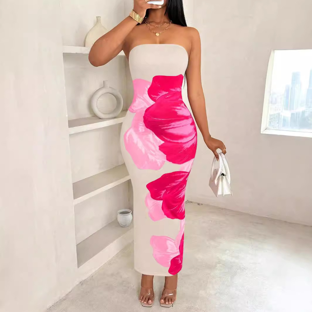 2025 European and American cross-border new shein women's slim off-shoulder contrasting color floral print elegant fashionable dress