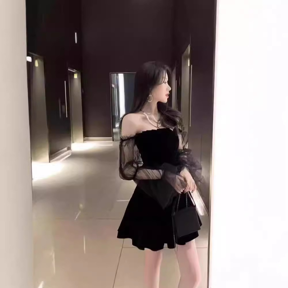 Cross-border wholesale summer new style temperament mesh puff sleeves black skirt off-shoulder blended waisted puffy dress for women