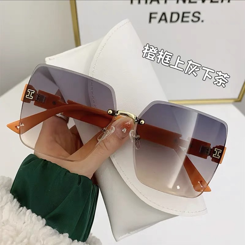 High-end square frameless edge-cut sunglasses, Internet celebrity personality, trendy and cool sunglasses for women with big faces, slimming fashion glasses