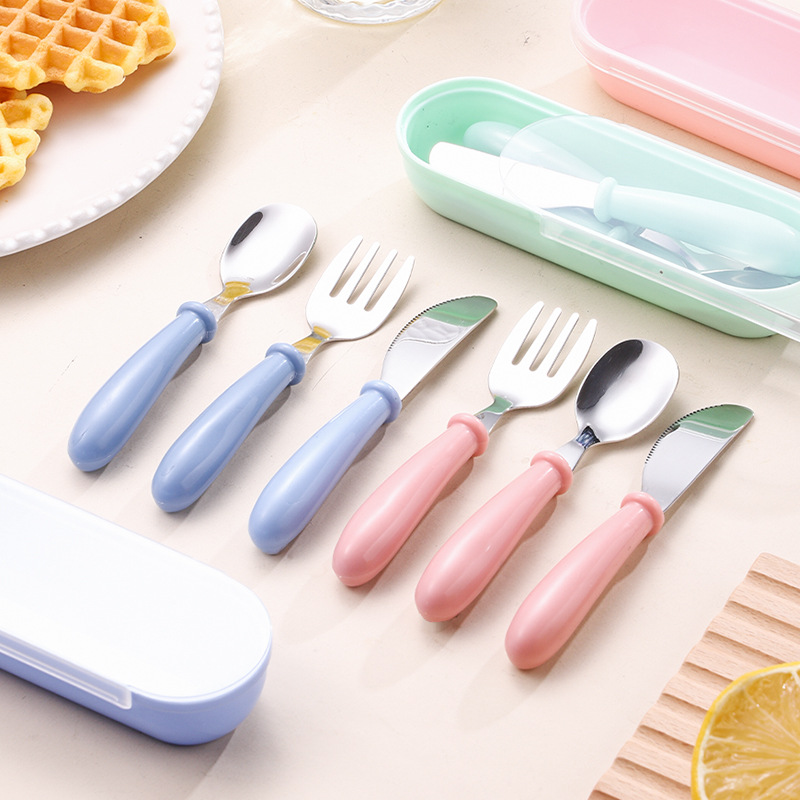 Cute Baby Portable Knife, Fork, Spoon Feeding Training Tableware Set Stainless Steel Children's Mouth-Safe Cutlery Wholesale