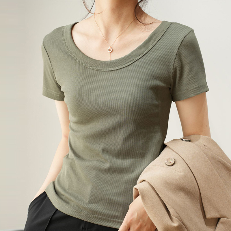 Right shoulder threaded T-shirt for women summer 2026 new slim fit and versatile slim large size U-neck high elastic short-sleeved bottoming top