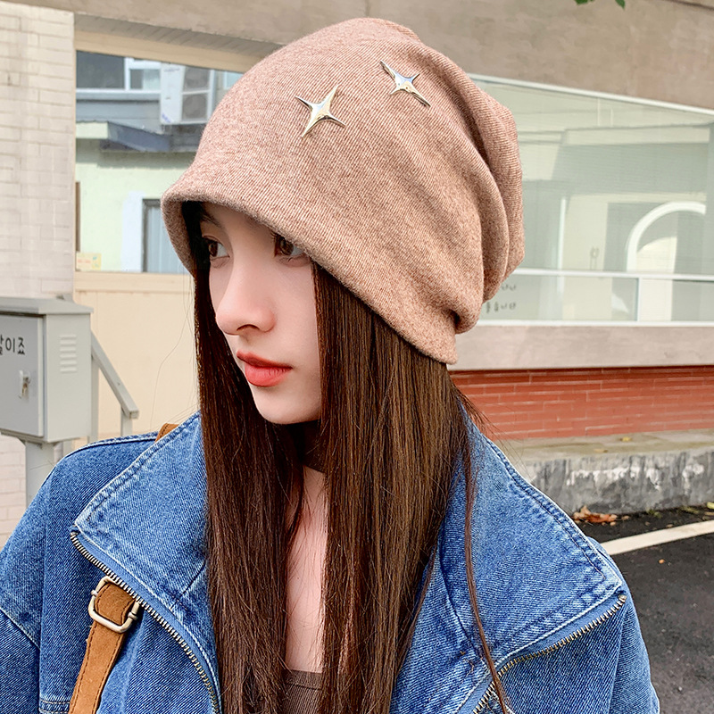 Autumn and winter Korean style big head circumference alloy star accessories hat ladies pullover cold hat showing face small Baotou pile hat