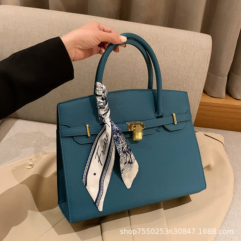 Cross-border bag women's new style lock scarf Kelly bag popular crossbody bag litchi pattern fashionable tote bag