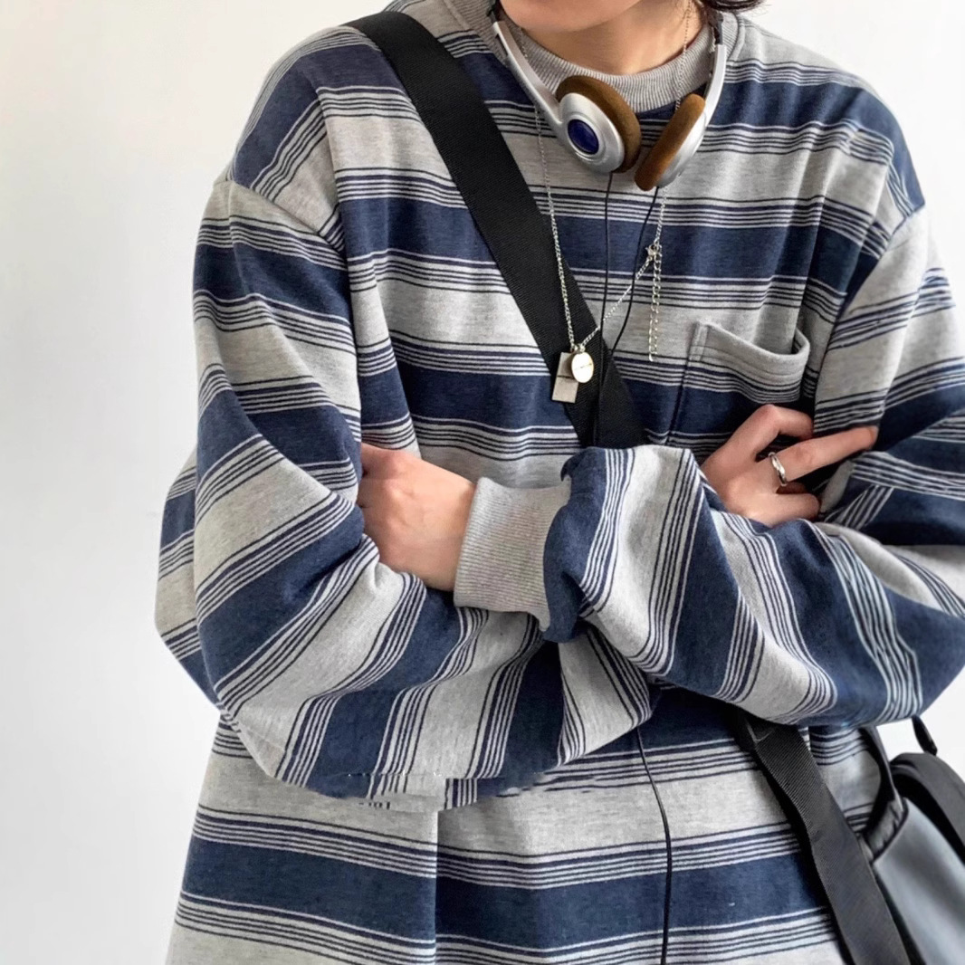 Washed distressed long-sleeved sea soul shirt for boys and girls, inner T-shirt, spring and autumn round neck bottoming shirt, striped workwear sweatshirt, trendy