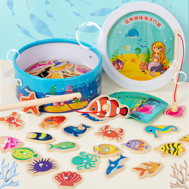 Children's educational Montessori early education teaching aids baby magnetic fishing game parent-child interactive wooden toy boy gift