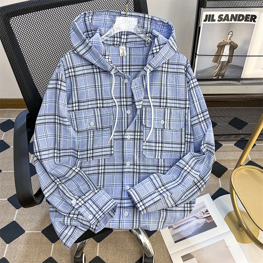 Spring and Autumn Loose Casual Hooded Plaid Shirt Men's Design Lazy Trendy Workwear Thin Jacket Tops for Men