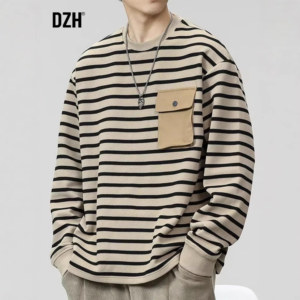2024 Autumn and Winter Men's Heavy Duty Workwear Pocket Long Sleeve Tops Striped Versatile Pullover Round Neck Sweatshirt T-Shirt ins