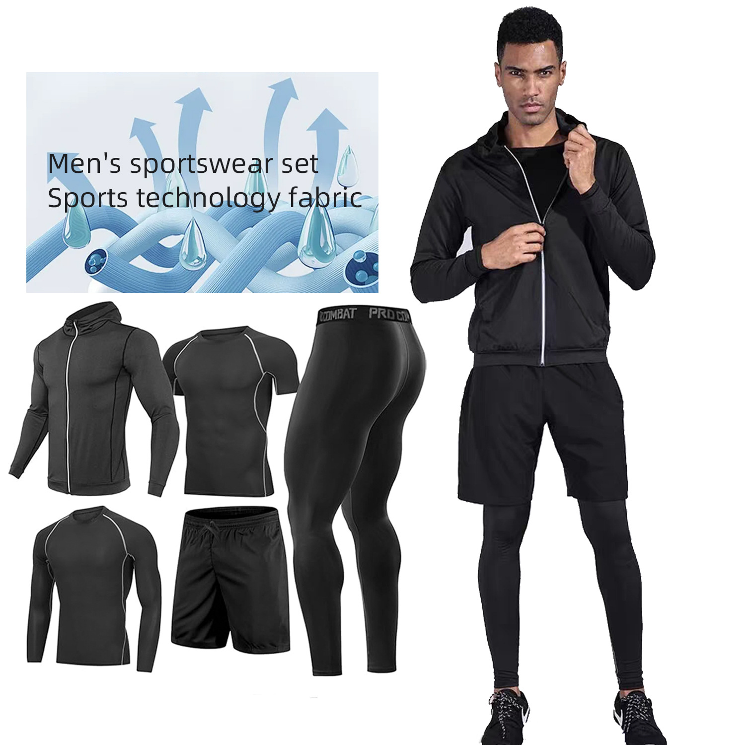 Men's sports suit Southeast Asia fitness outdoor running tights training clothes five-piece sportswear suit for men