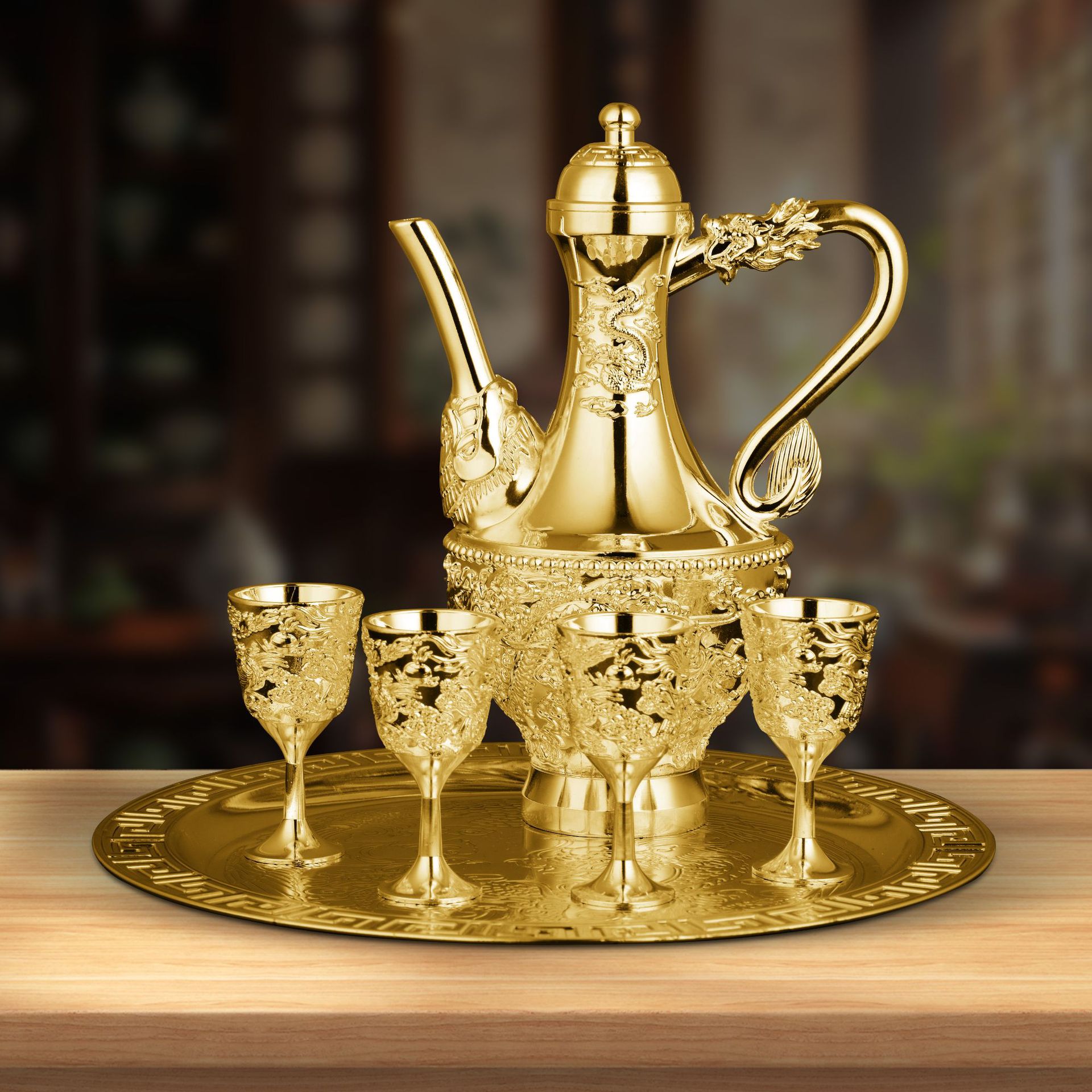 Golden pot wine set, dragon and phoenix Chengxiang wine pot, small wine glass, wedding high-end business gifts, gold-plated crafts wholesale