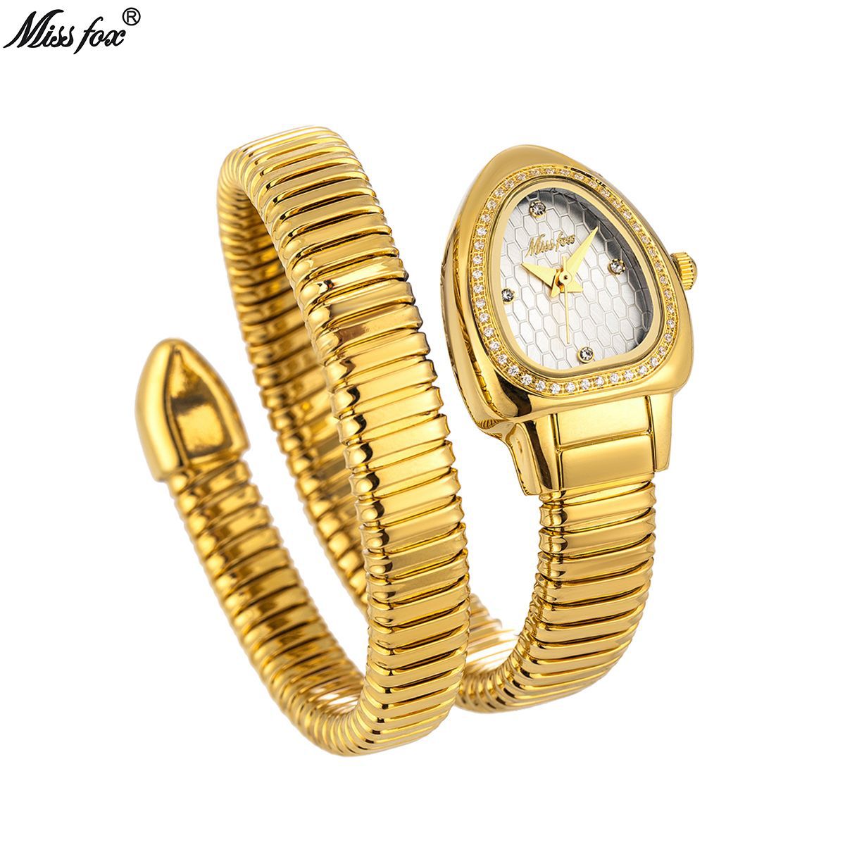 MISSFOX watch, new fashionable and elegant high-end snake head inlaid with diamond gold snake-shaped winding ladies watch