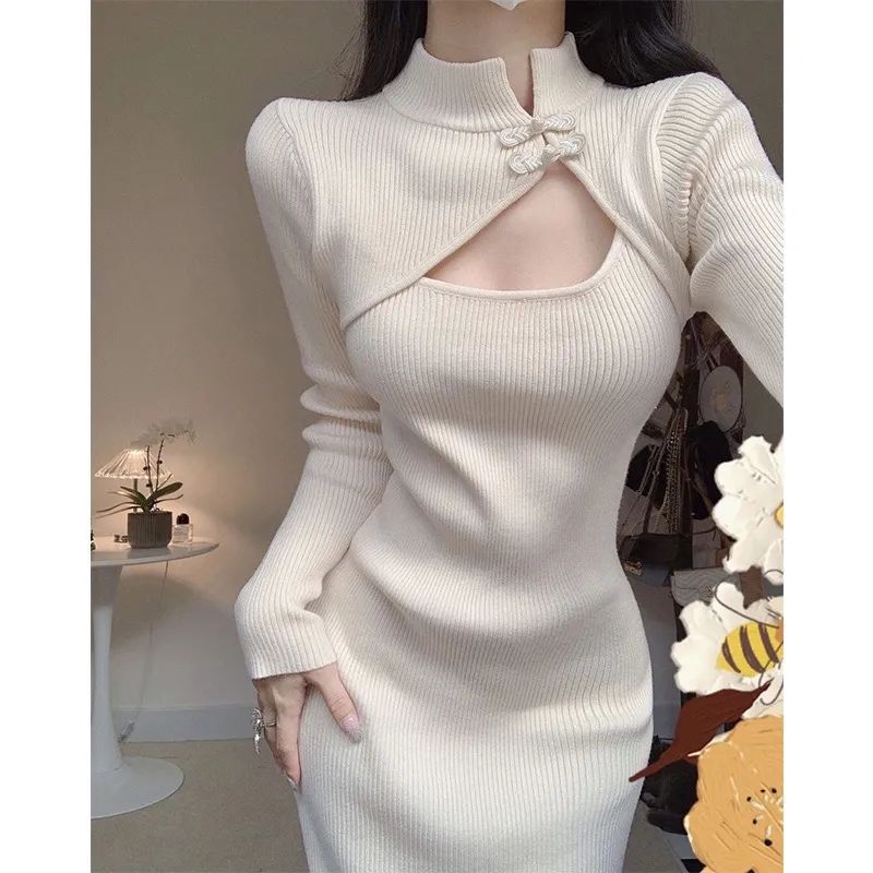 New Chinese style national style retro stand collar improved daily cheongsam hollow disc button dress slim waist and hip long skirt