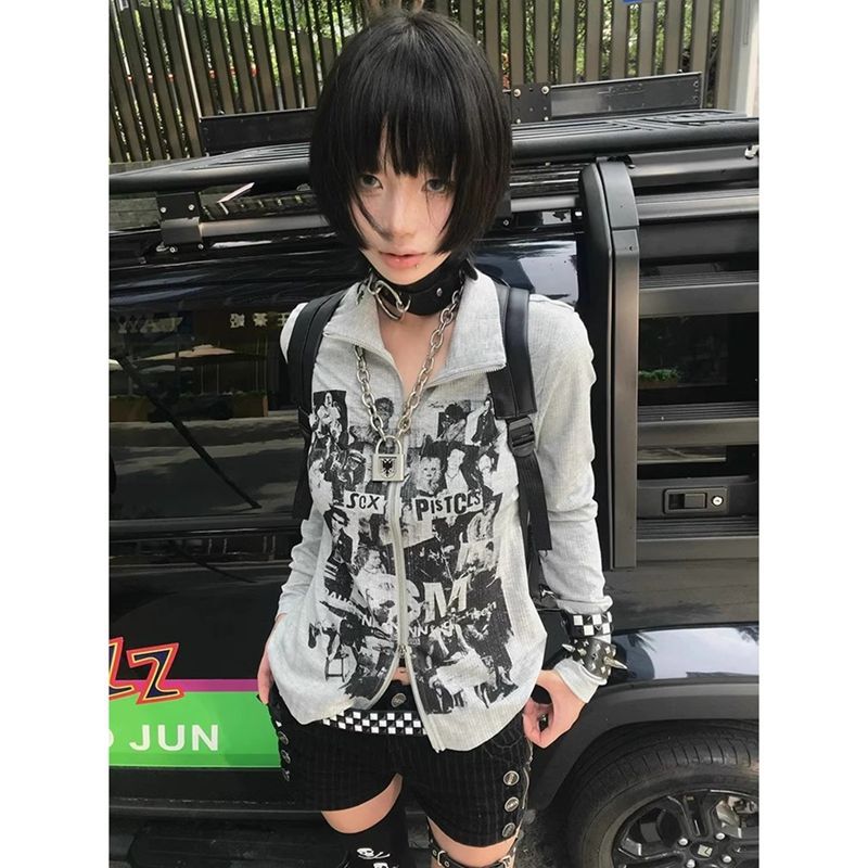 American retro sweatshirt cardigan for women early autumn punk long-sleeved T-shirt slim vintage subculture zipper top