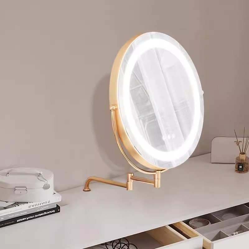2024 New Telescopic Folding Rotating Makeup Mirror Multifunctional Dressing Table HD LED Light Foldable Light Luxury LED