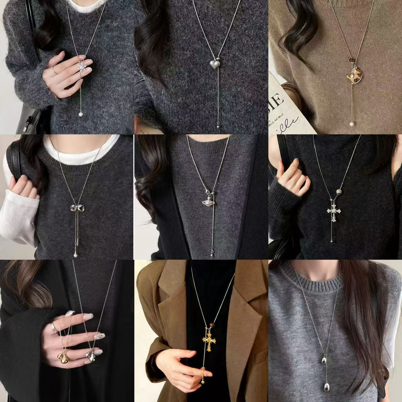 2025 New Pearl Saturn Pendant Necklace High-end Pullable Adjustable Autumn and Winter Titanium Steel Sweater Chain Accessories for Women