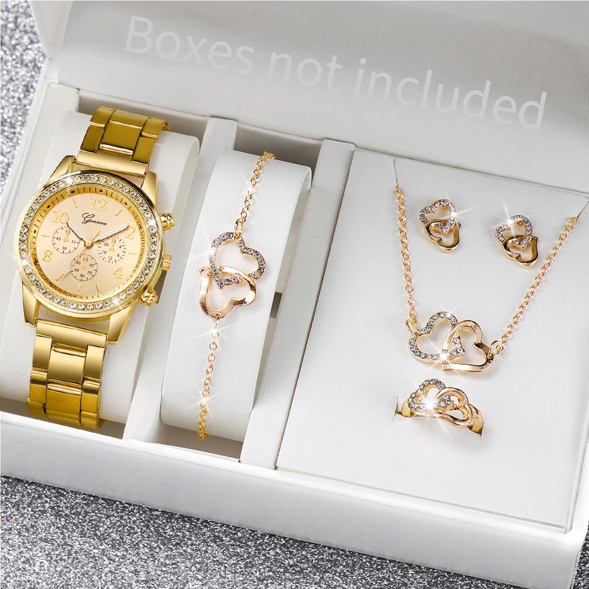 Cross-border hot model 5PCS women's watch set, fashionable double love rhinestone alloy jewelry watch for ladies best friend