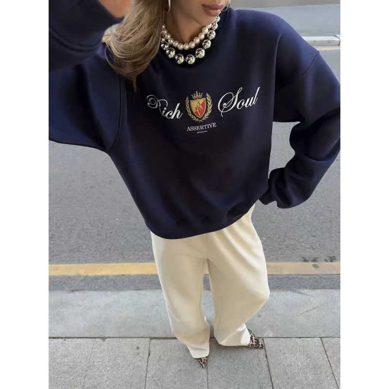 2024 European and American style autumn and winter new casual and versatile loose plus velvet and thickened fashion printed pullover round neck sweatshirt for women