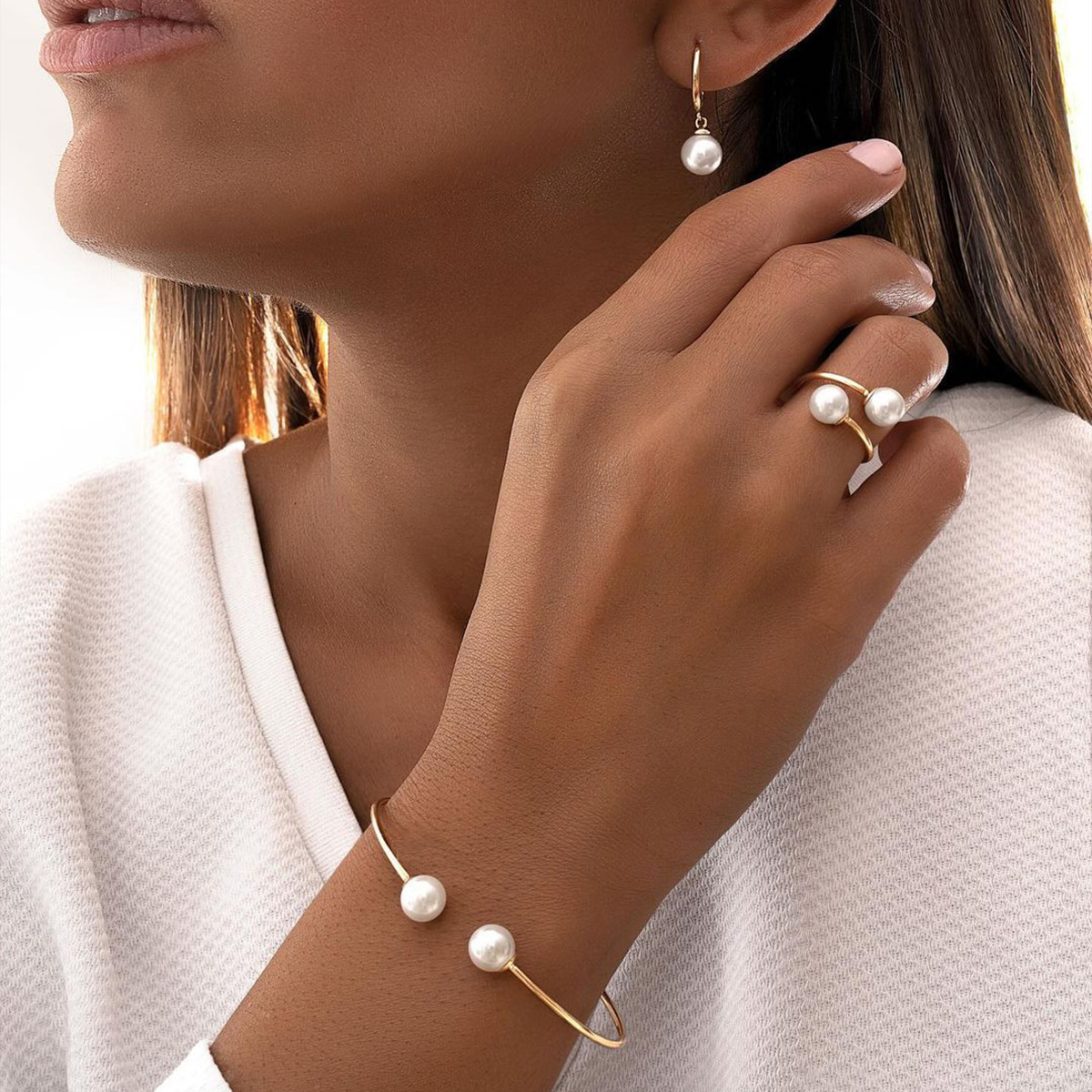 European and American cross-border hot-selling pearl open earrings, bracelets, rings and jewelry sets for women, simple, light, luxurious and high-end accessories