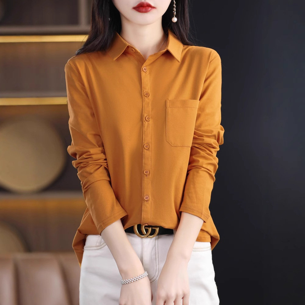 Pure cotton long-sleeved shirt for women with elastic design niche fashion loose Korean style shirt polo collar cardigan