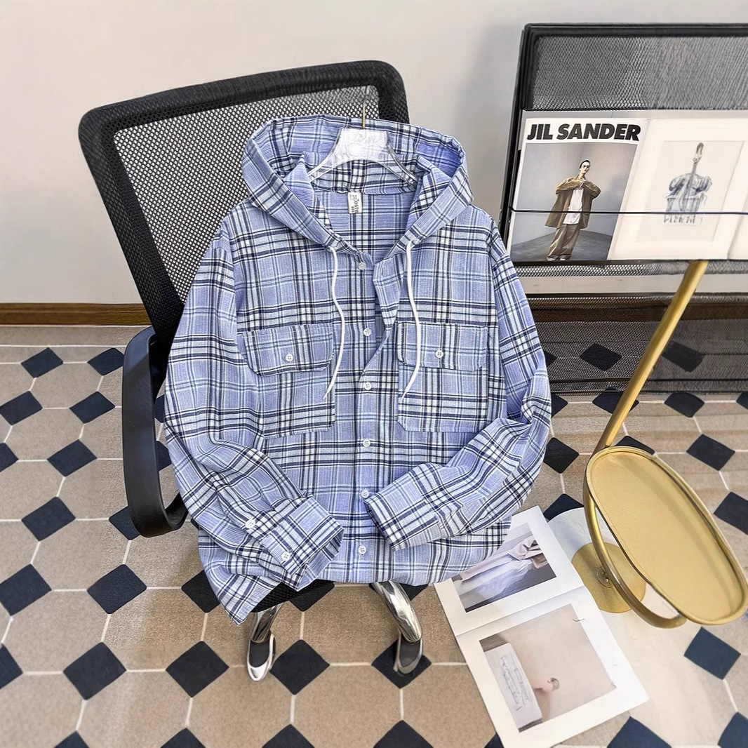 Spring and Autumn Loose Casual Hooded Plaid Shirt Men's Design Lazy Trendy Workwear Thin Jacket Tops for Men