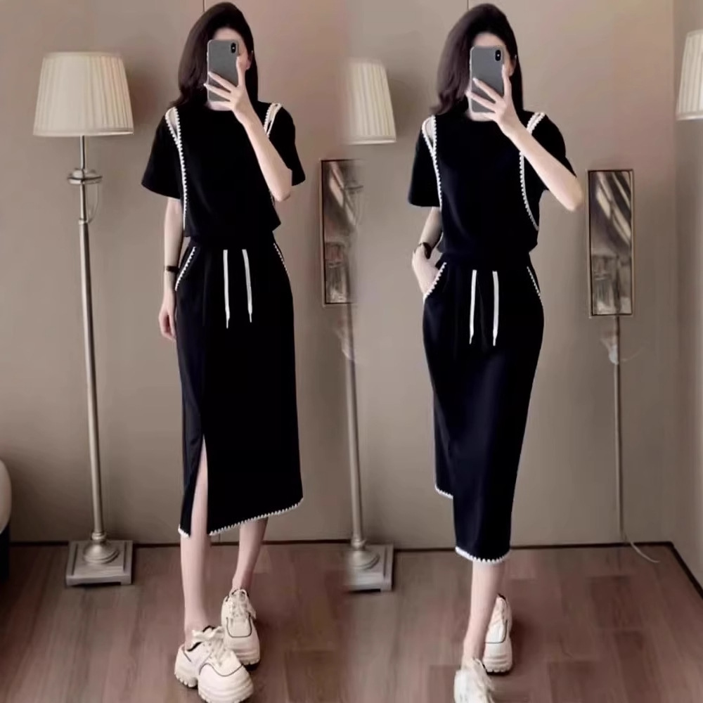 Casual Fashion Women's Suit Skirt 2025 Summer New Style Age-Reducing Top Slit Skirt Two-piece Set
