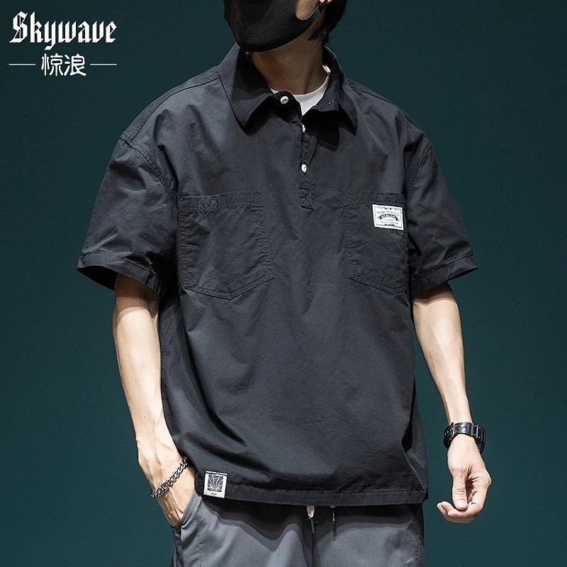 Japanese workwear short-sleeved shirt men's summer new loose large size polo shirt top trendy casual men's half-sleeved