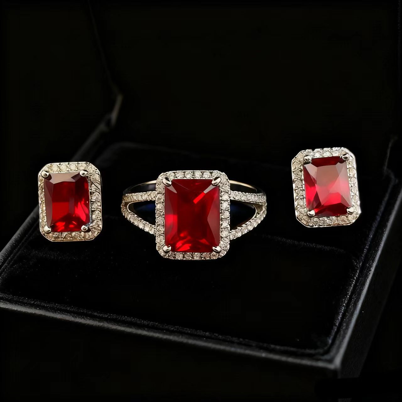 Cross-border special supply of 8*10 rectangular ruby ​​ring for women wholesale high carbon diamond ring jewelry jewelry earrings