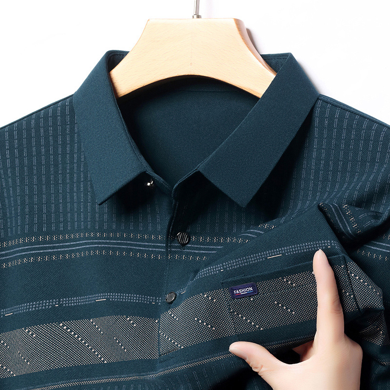 Spring and autumn new daddy tops striped POLO shirts with real pockets long-sleeved loose autumn clothes for middle-aged and elderly men