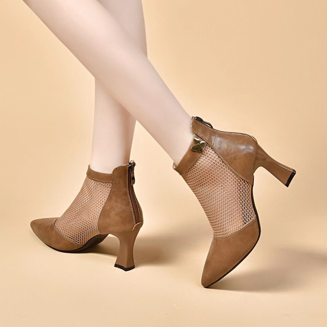 Soft leather mesh sandals for women 2025 spring and summer new women's shoes mesh boots sandals high heels hollow short boots mesh leather boots