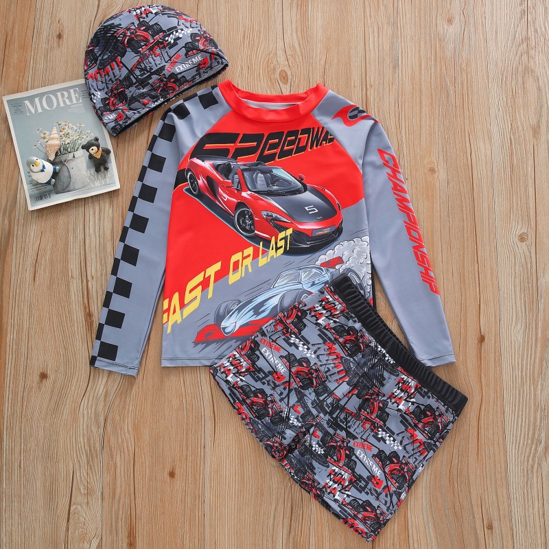 2026 Children's Swimsuit Long Sleeve Boys Swimsuit Split Shorts Racing Print Boys Swimsuit Sun Protection UPF50+