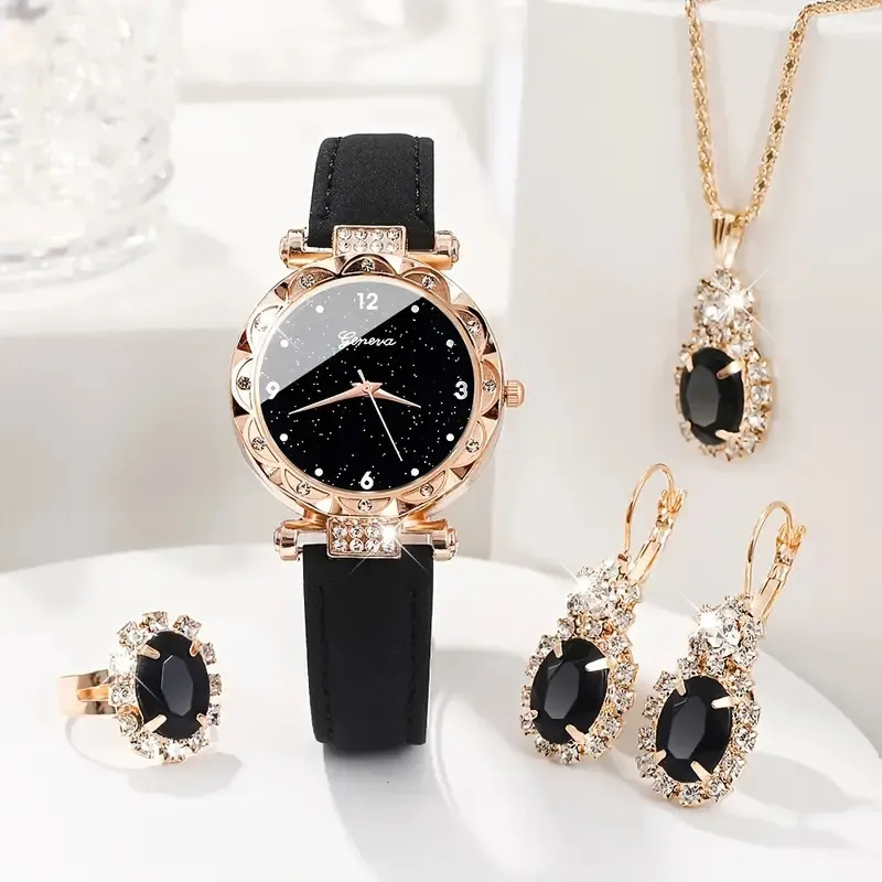 Ladies Watch 5 Piece Set Luxury Rhinestone Ladies Fashion Elegant Watch Quartz Watch Girls Watch Bracelet Gift